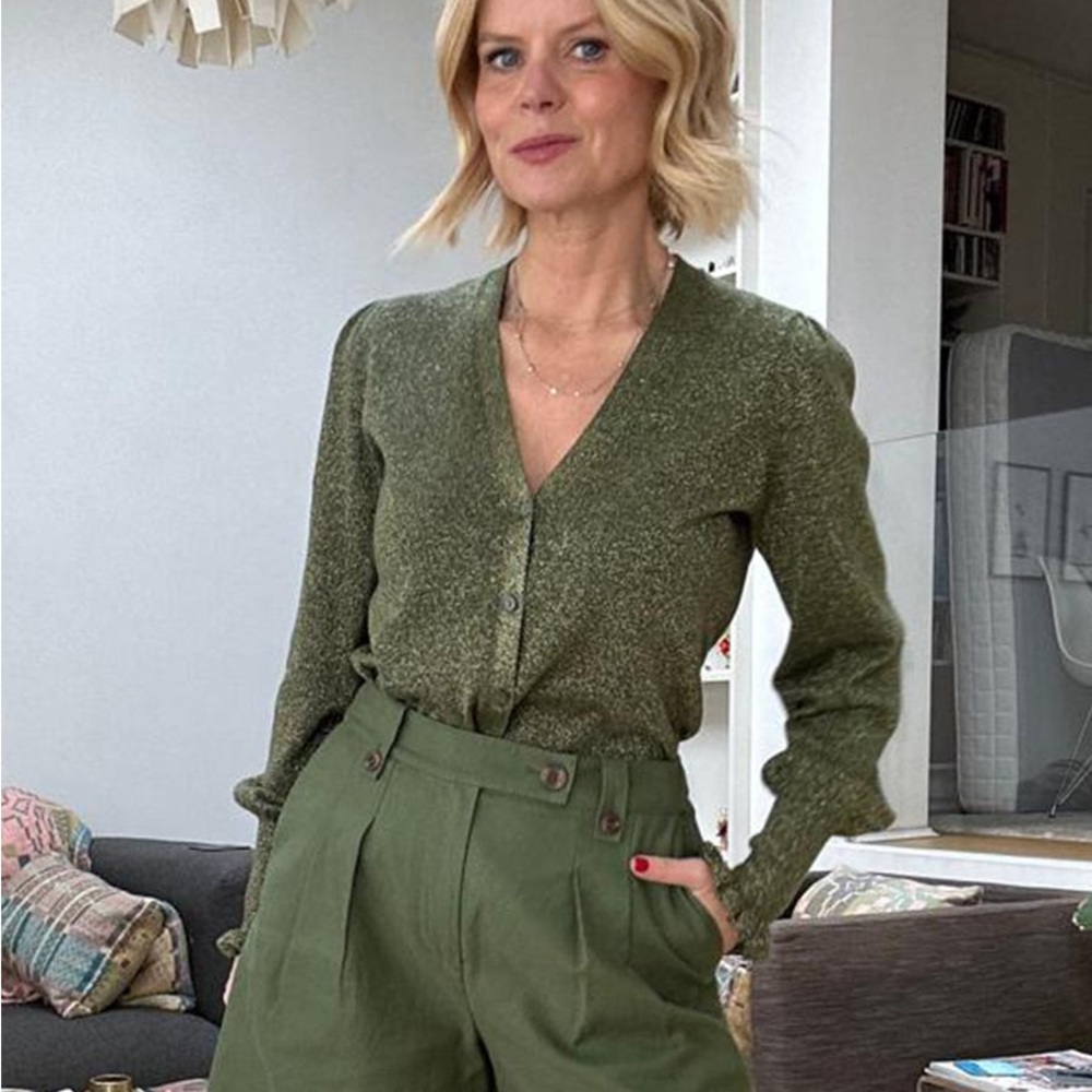 Dafne Shimmer V Neck Cardigan - Khaki, Small
